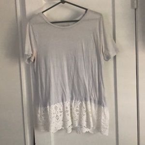 Loft T-shirt with lace detail at bottom, light blue up top. Size Large